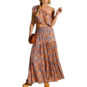 SUNDRY Anthropologie Saanvi Floral Two Piece Crop Top and Boho Skirt